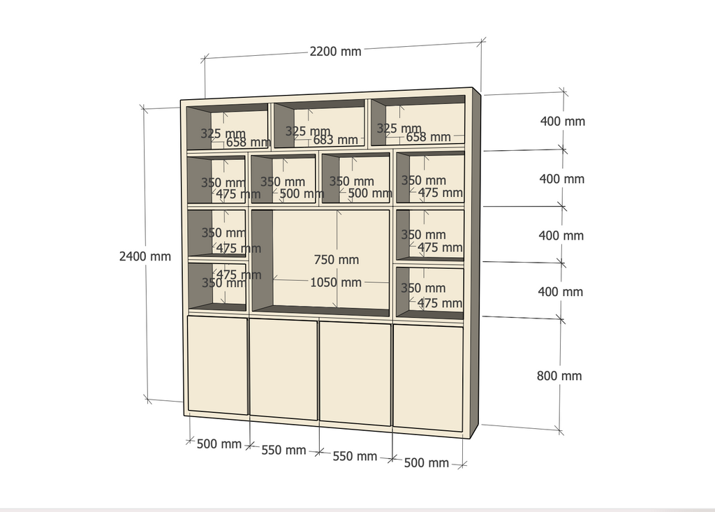 Manhattan 05 Fächerschrank - 220x40x240H cm - schlankes Design - 4 push-to-open Türen - offene Fächer - Cinewall - mit TV Kabelloch - grifflose Türen - 5cm Fachbodenstärke
