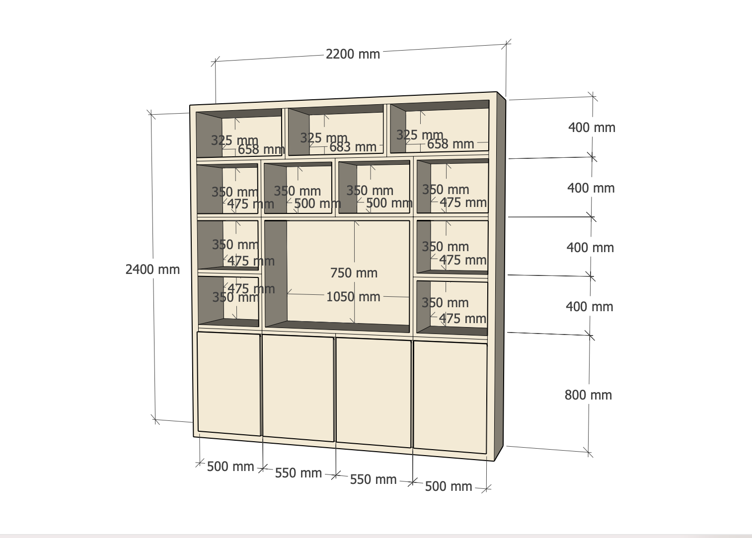 Manhattan 05 Fächerschrank - 220x40x240H cm - schlankes Design - 4 push-to-open Türen - offene Fächer - Cinewall - mit TV Kabelloch - grifflose Türen - 5cm Fachbodenstärke
