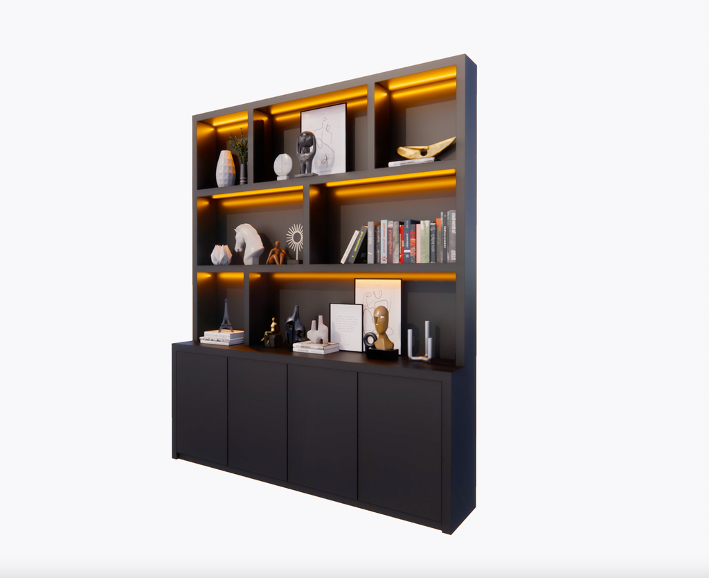 Fächerschrank Korsika - 200x20/40x240H cm - 5cm Fachbodenstärke - klares Design - Oberschrank weniger tief als Unterschrank - offene Fachböden - 4 grifflose Push-to-open-Türen