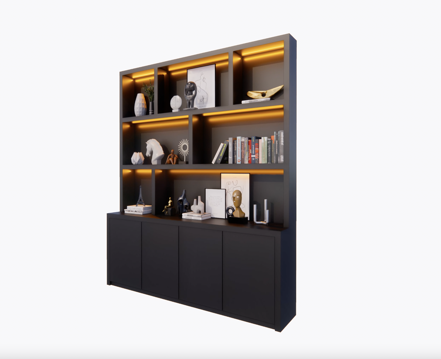 Fächerschrank Korsika - 200x20/40x240H cm - 5cm Fachbodenstärke - klares Design - Oberschrank weniger tief als Unterschrank - offene Fachböden - 4 grifflose Push-to-open-Türen