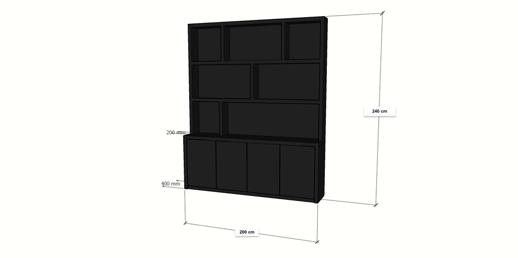 Fächerschrank Korsika - 200x20/40x240H cm - 5cm Fachbodenstärke - klares Design - Oberschrank weniger tief als Unterschrank - offene Fachböden - 4 grifflose Push-to-open-Türen