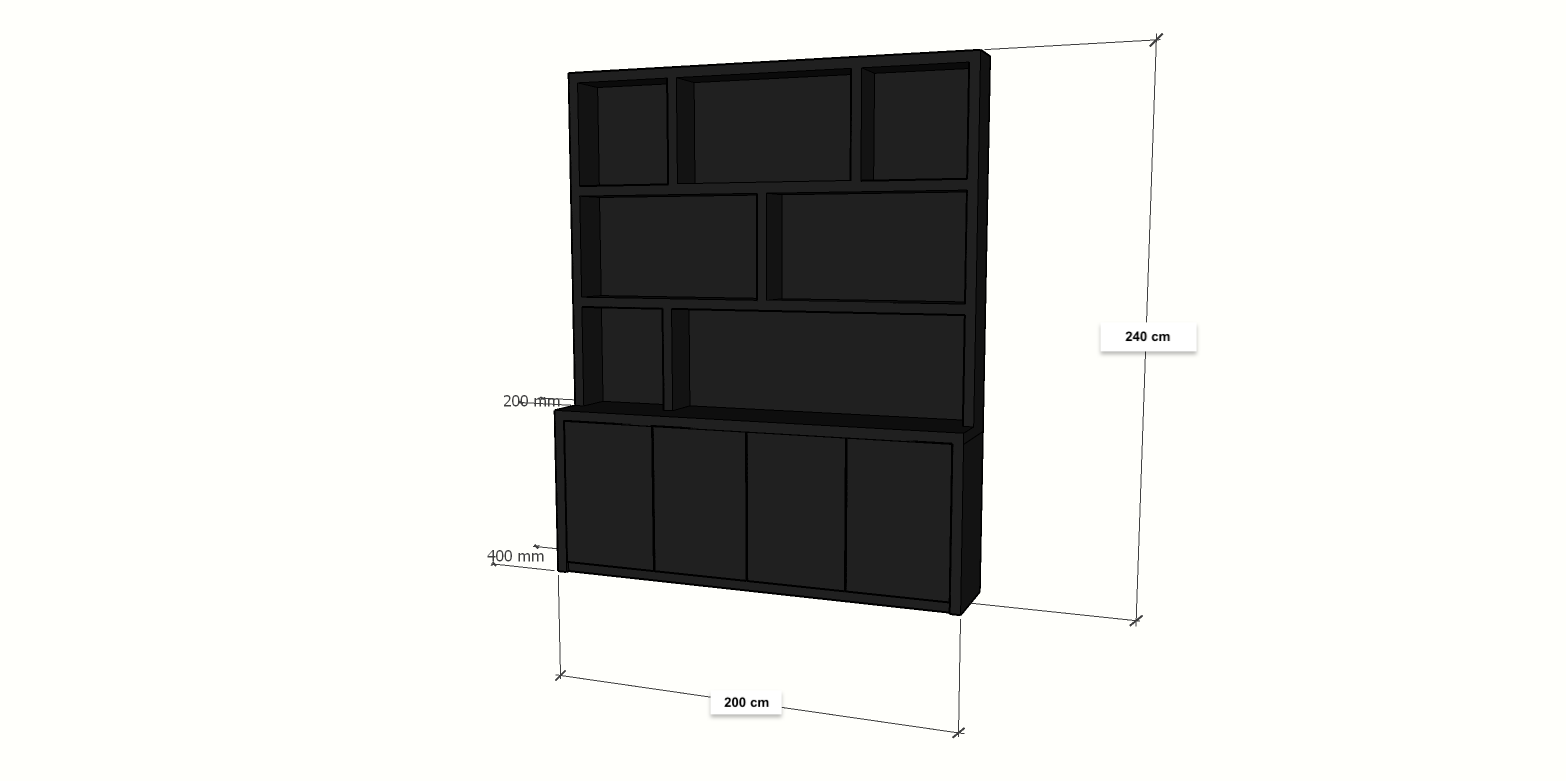 Fächerschrank Korsika - 200x20/40x240H cm - 5cm Fachbodenstärke - klares Design - Oberschrank weniger tief als Unterschrank - offene Fachböden - 4 grifflose Push-to-open-Türen