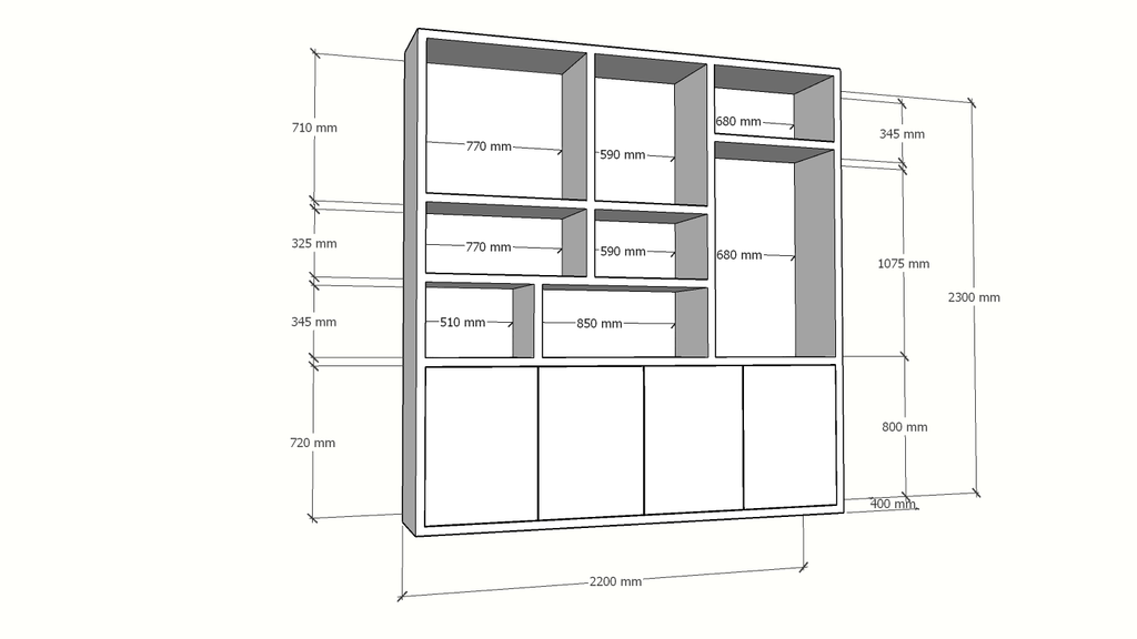Terni Fächerschrank - 220x40x230H cm - 4 cm Fachbodenstärke - 4 push-to-open Türen - schlankes Design