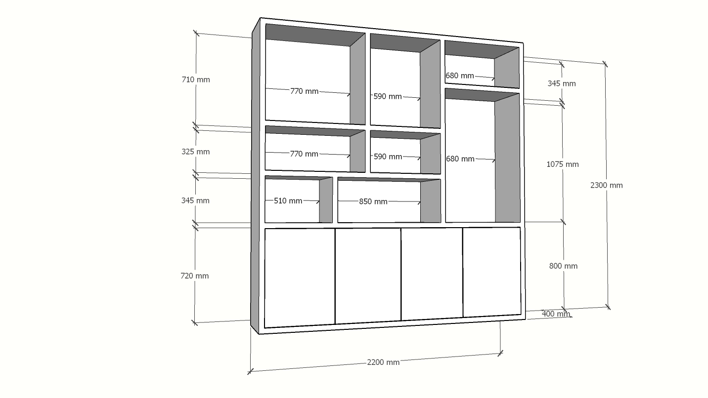 Terni Fächerschrank - 220x40x230H cm - 4 cm Fachbodenstärke - 4 push-to-open Türen - schlankes Design
