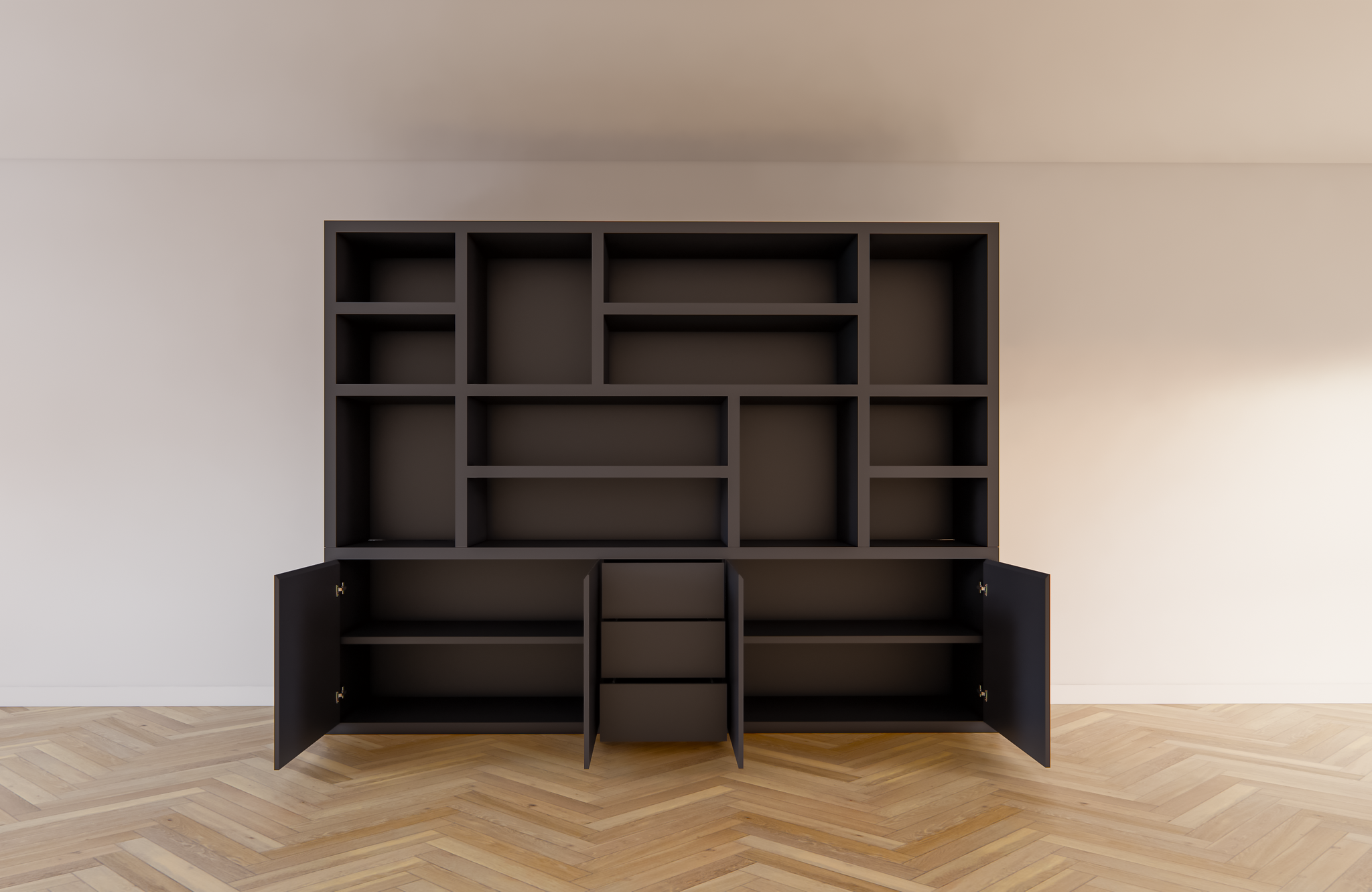 Tolosa Fächerschrank - 290x46x240H cm - offene Fächer - schlankes Design - push-to-open Schubladen und Türen