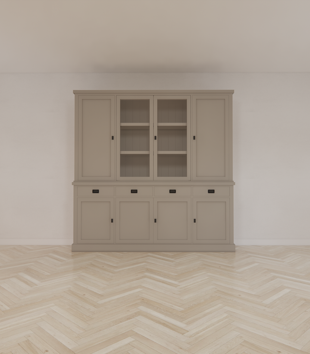 Buffetschrank Vancouver - 220x45x220H cm - 2 geschlossene Türen im Oberschrank - 2 Vitrinentüren - 4 Soft-Close-Schubladen - 4 geschlossene Türen im Unterschrank
