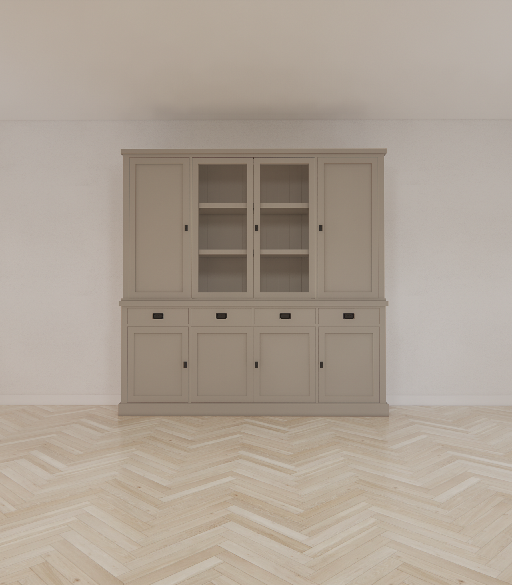 Buffetschrank Vancouver - 220x45x220H cm - 2 geschlossene Türen im Oberschrank - 2 Vitrinentüren - 4 Soft-Close-Schubladen - 4 geschlossene Türen im Unterschrank