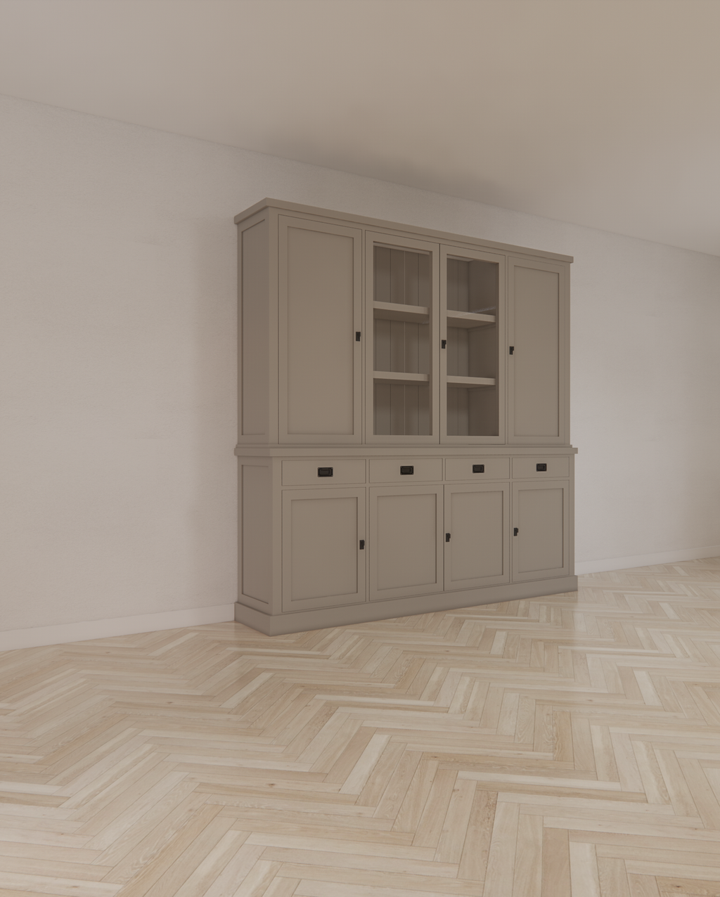 Buffetschrank Vancouver - 220x45x220H cm - 2 geschlossene Türen im Oberschrank - 2 Vitrinentüren - 4 Soft-Close-Schubladen - 4 geschlossene Türen im Unterschrank
