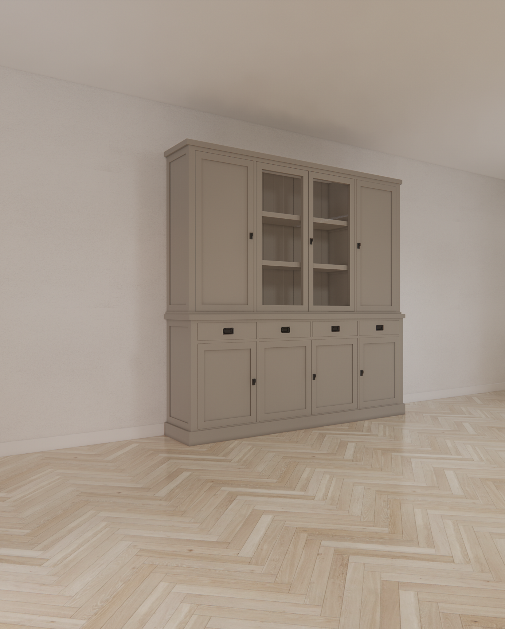 Buffetschrank Vancouver - 220x45x220H cm - 2 geschlossene Türen im Oberschrank - 2 Vitrinentüren - 4 Soft-Close-Schubladen - 4 geschlossene Türen im Unterschrank