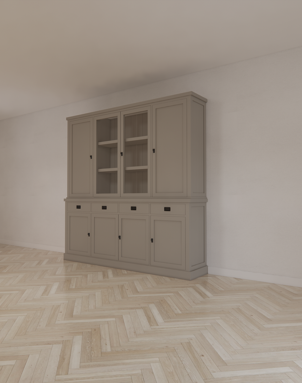 Buffetschrank Vancouver - 220x45x220H cm - 2 geschlossene Türen im Oberschrank - 2 Vitrinentüren - 4 Soft-Close-Schubladen - 4 geschlossene Türen im Unterschrank
