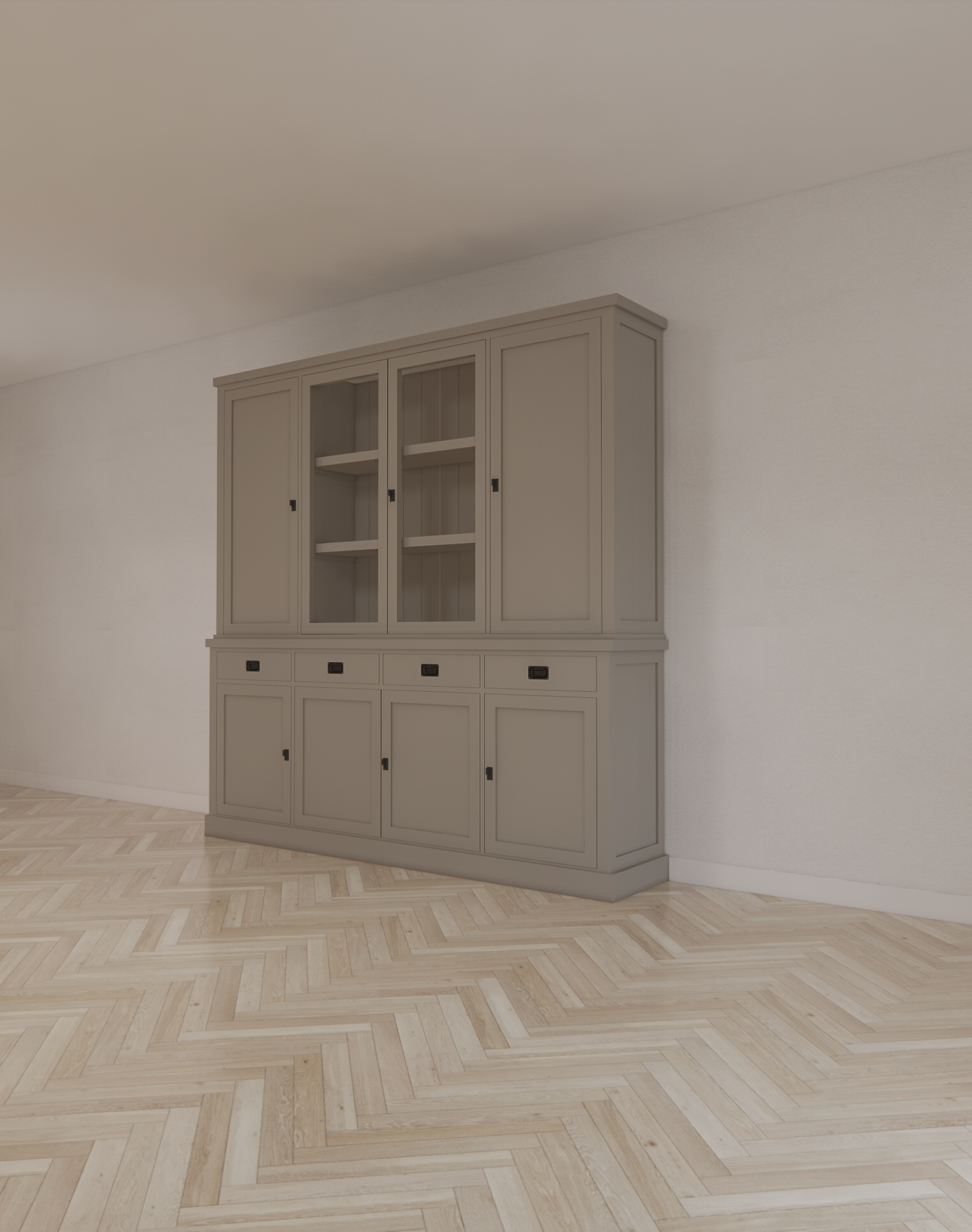 Buffetschrank Vancouver - 220x45x220H cm - 2 geschlossene Türen im Oberschrank - 2 Vitrinentüren - 4 Soft-Close-Schubladen - 4 geschlossene Türen im Unterschrank