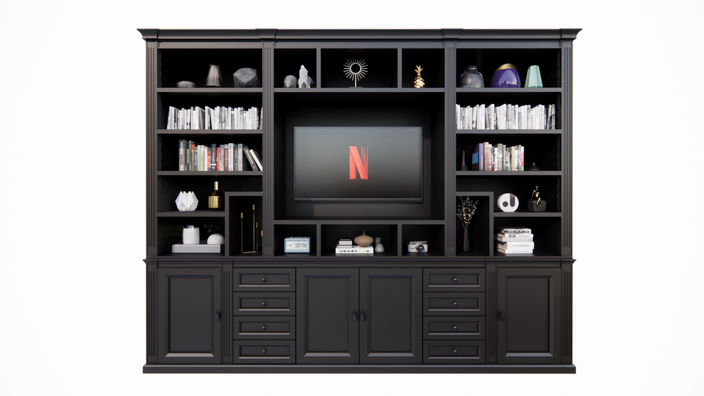 TV-Regal Victoria - 300x40x240H cm - mit Cinewall - verstellbare Einlegeböden - mit Kabeldurchlass im TV-Fach