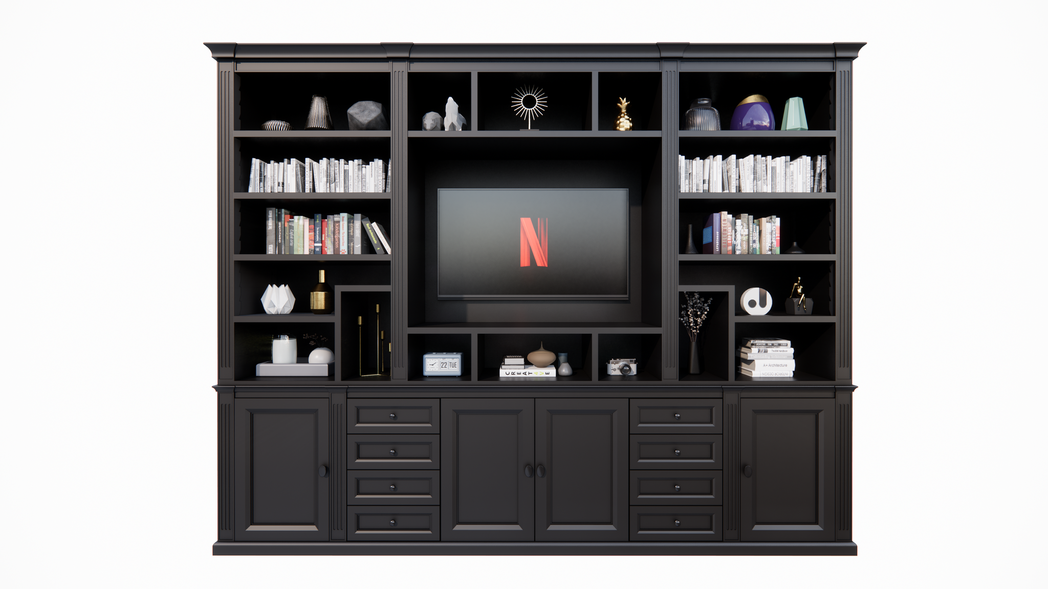 TV-Regal Victoria - 300x40x240H cm - mit Cinewall - verstellbare Einlegeböden - mit Kabeldurchlass im TV-Fach
