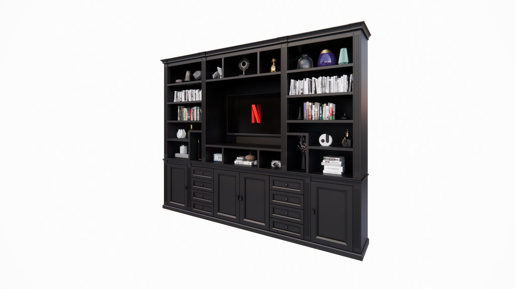 TV-Regal Victoria - 300x40x240H cm - mit Cinewall - verstellbare Einlegeböden - mit Kabeldurchlass im TV-Fach