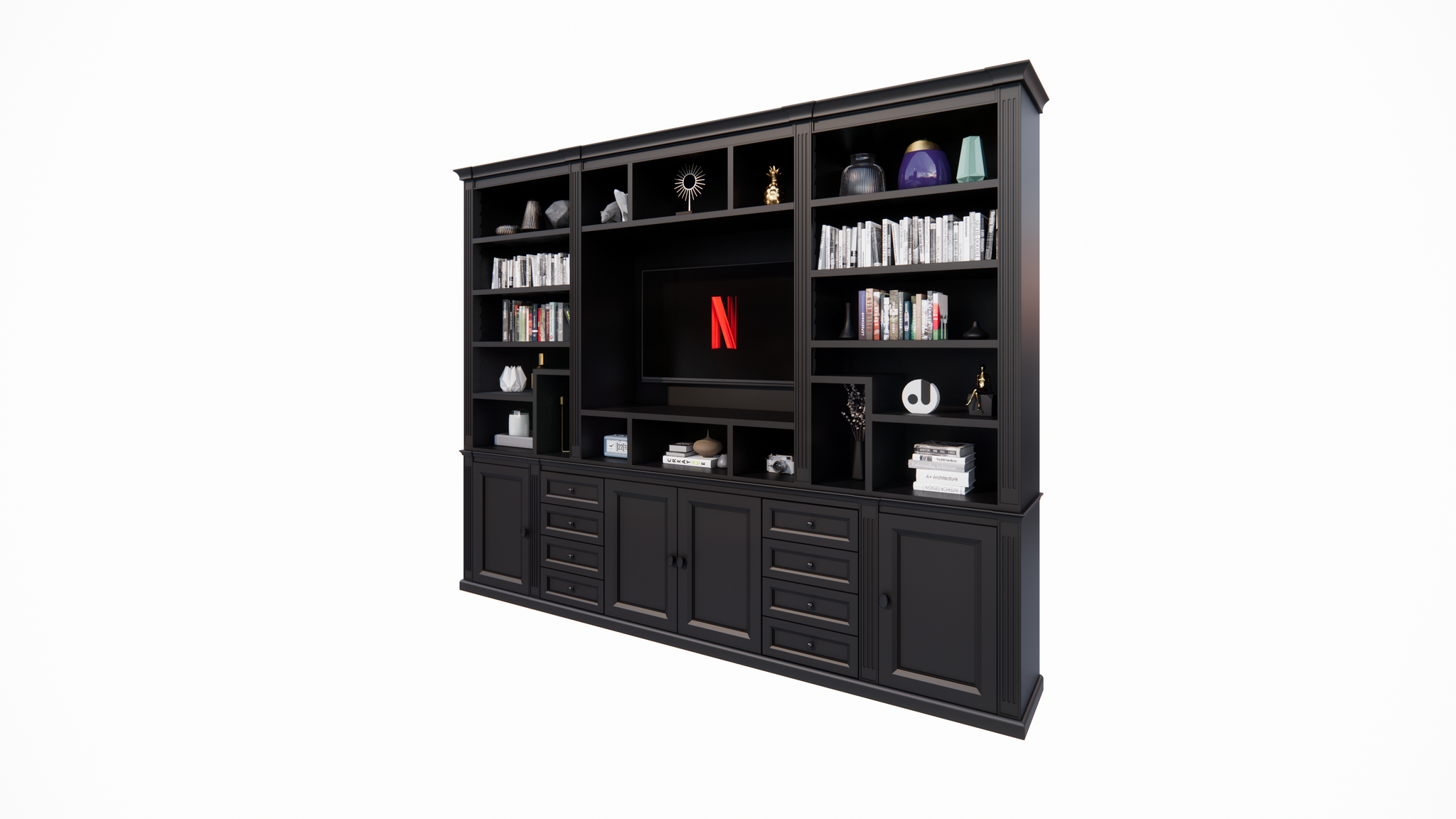 TV-Regal Victoria - 300x40x240H cm - mit Cinewall - verstellbare Einlegeböden - mit Kabeldurchlass im TV-Fach