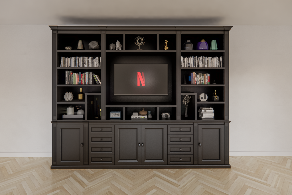 TV-Regal Victoria - 300x40x240H cm - mit Cinewall - verstellbare Einlegeböden - mit Kabeldurchlass im TV-Fach