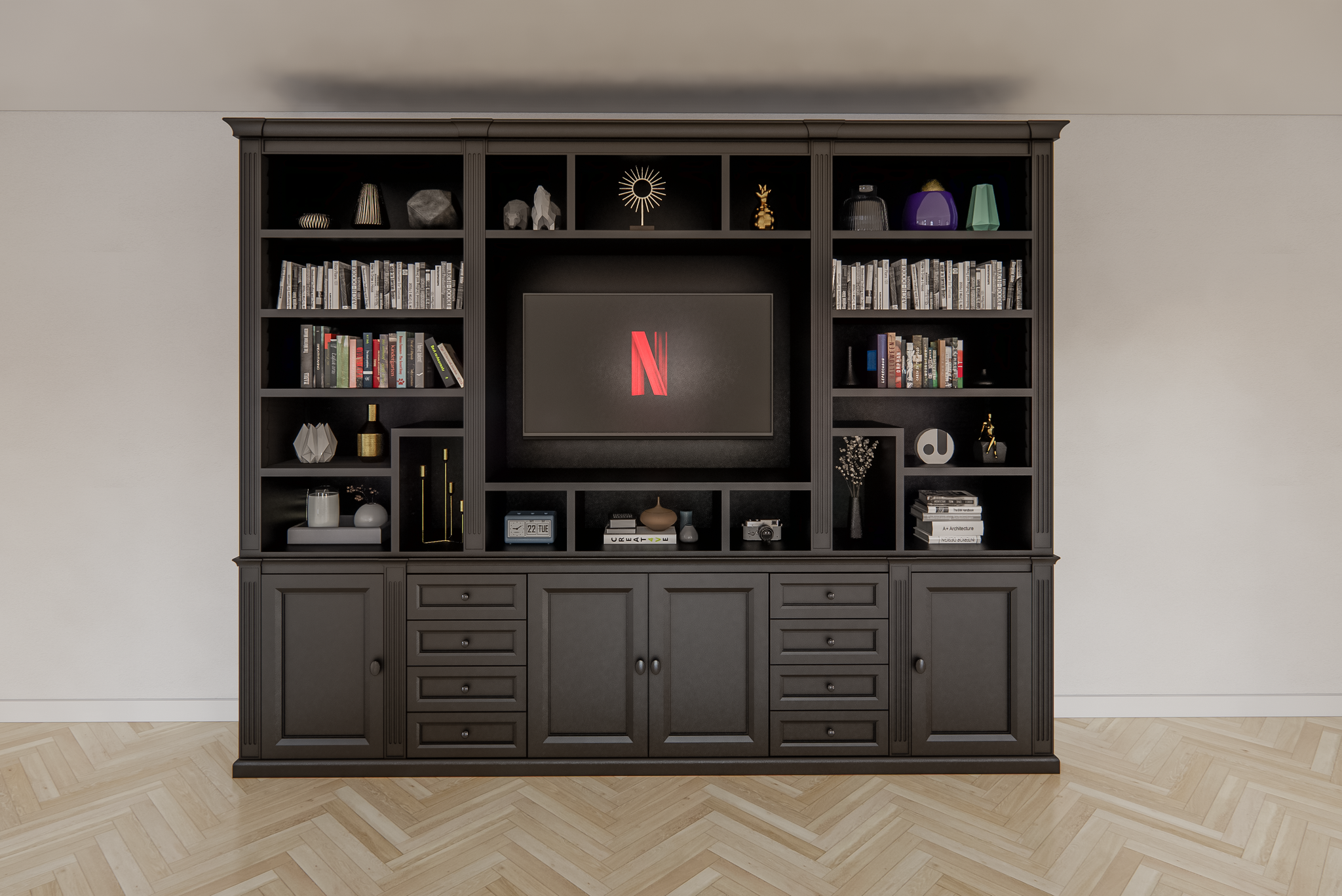 TV-Regal Victoria - 300x40x240H cm - mit Cinewall - verstellbare Einlegeböden - mit Kabeldurchlass im TV-Fach