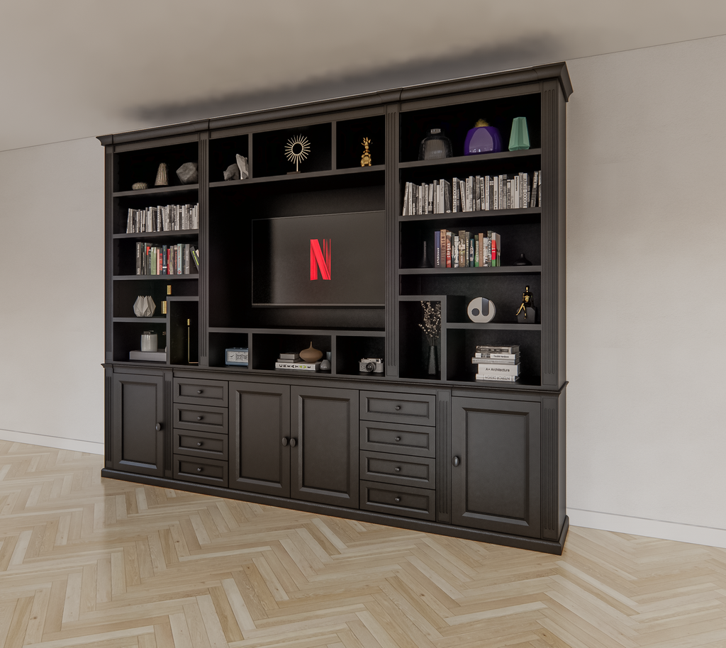 TV-Regal Victoria - 300x40x240H cm - mit Cinewall - verstellbare Einlegeböden - mit Kabeldurchlass im TV-Fach