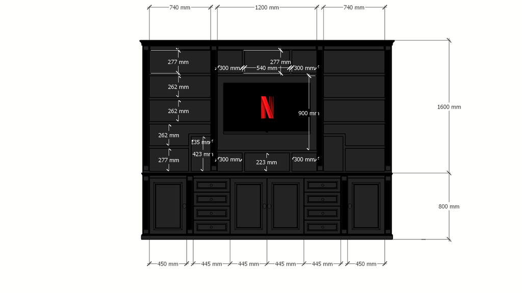 TV-Regal Victoria - 300x40x240H cm - mit Cinewall - verstellbare Einlegeböden - mit Kabeldurchlass im TV-Fach