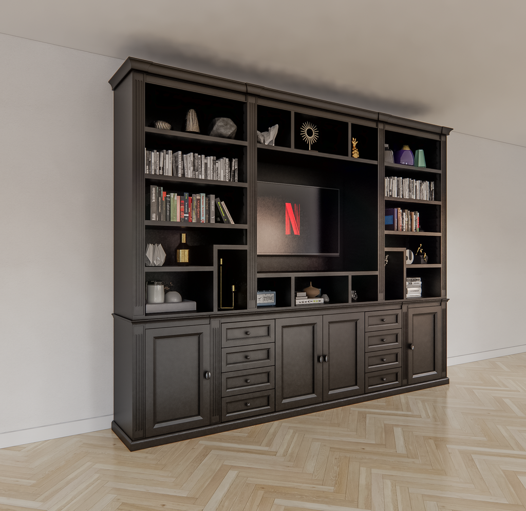 TV-Regal Victoria - 300x40x240H cm - mit Cinewall - verstellbare Einlegeböden - mit Kabeldurchlass im TV-Fach
