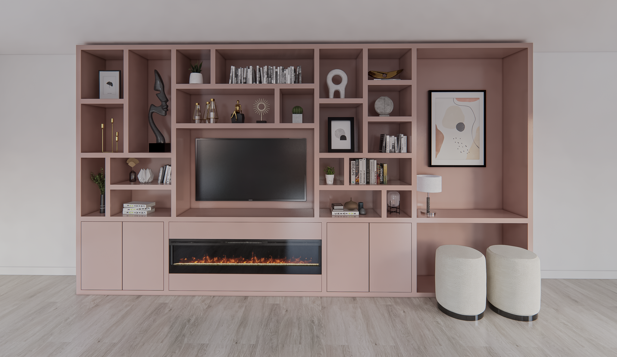 TV-/Bürofachschrank Viterbo mit Kamin - 460x40x255H cm - 5cm Fachbodenstärke - PREIS AUF ANFRAGE