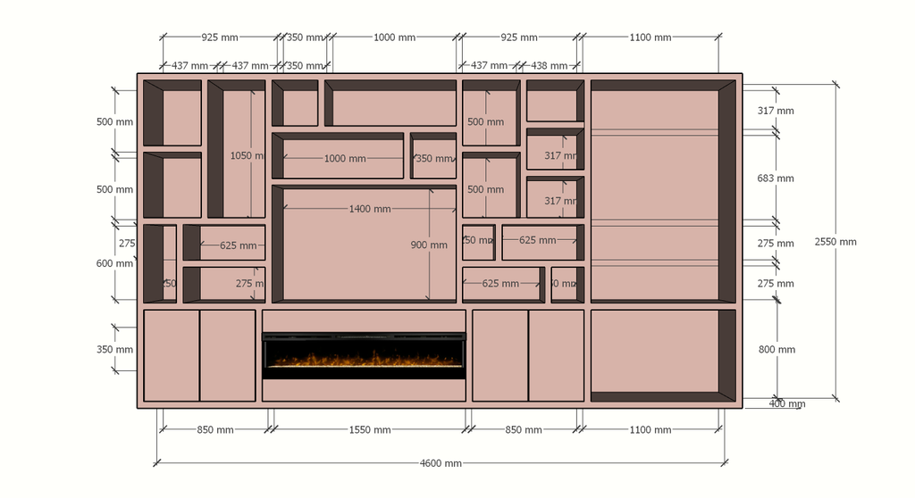 TV-/Bürofachschrank Viterbo mit Kamin - 460x40x255H cm - 5cm Fachbodenstärke - PREIS AUF ANFRAGE