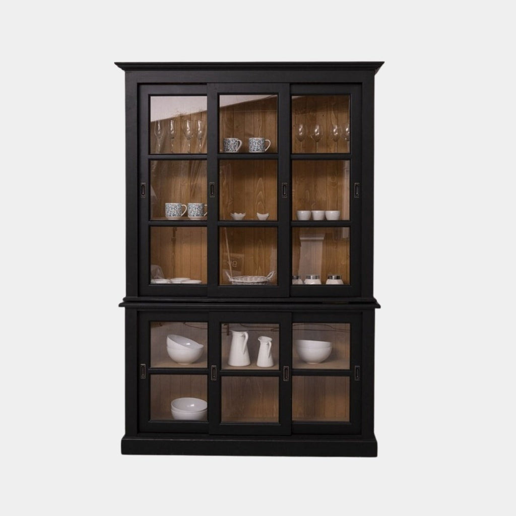 Glasvitrine Apeldoorn - 150x47x220H - Ober- und Unterschrank mit Glasschiebetüren - Eichenrückwand - Glasseiten