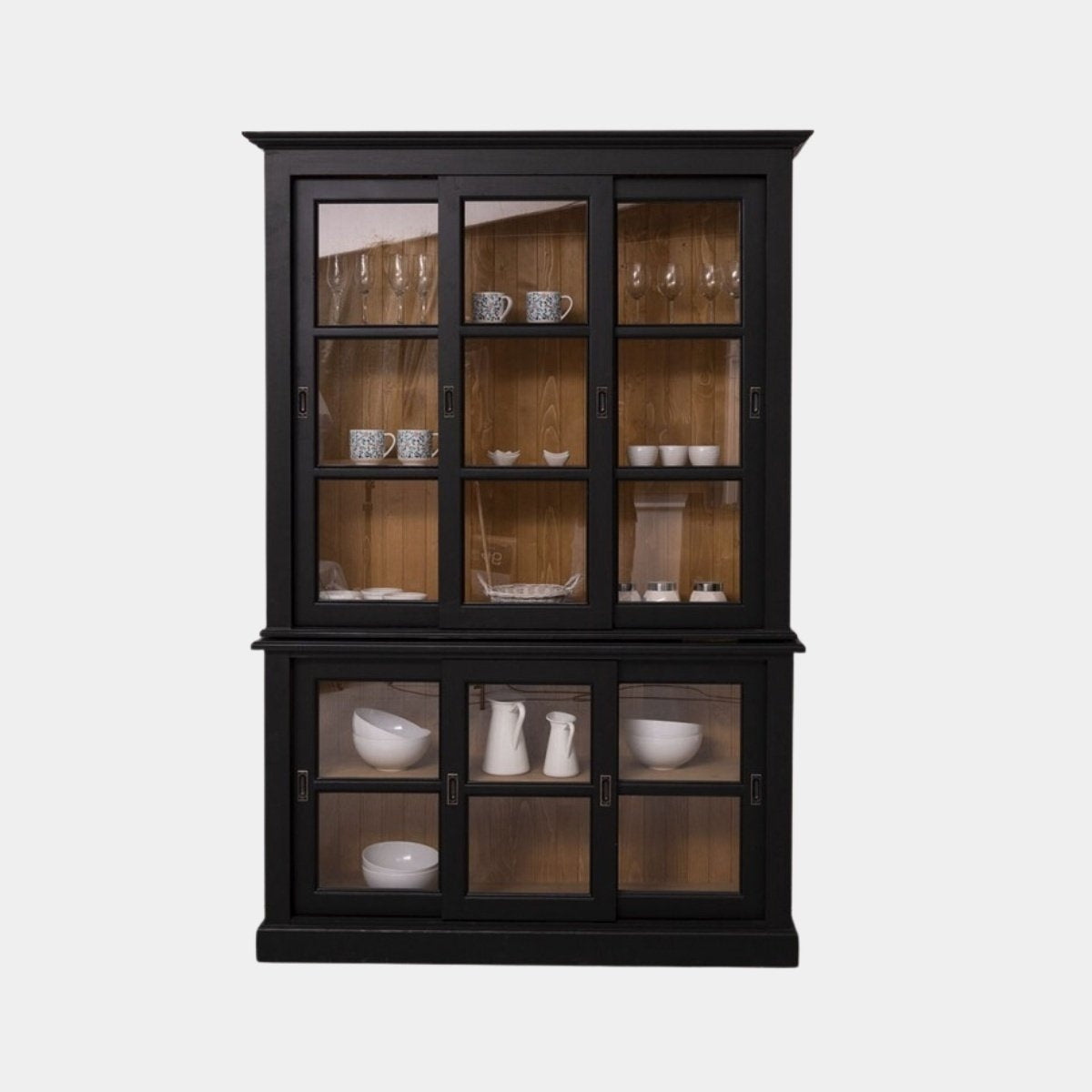 Glasvitrine Apeldoorn - 150x47x220H - Ober- und Unterschrank mit Glasschiebetüren - Eichenrückwand - Glasseiten