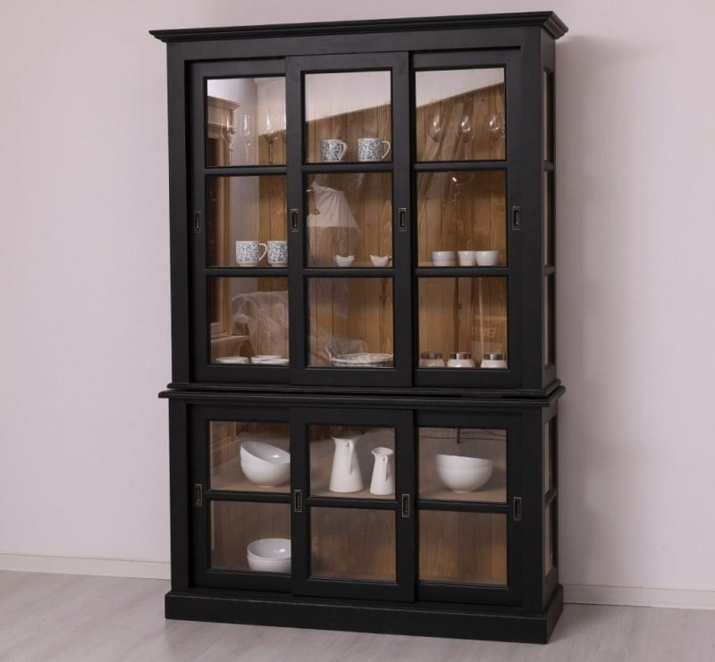 Glasvitrine Apeldoorn - 150x47x220H - Ober- und Unterschrank mit Glasschiebetüren - Eichenrückwand - Glasseiten
