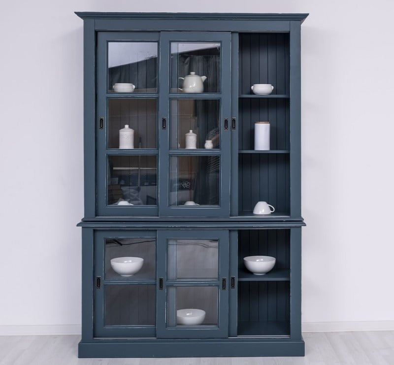 Glasvitrine Apeldoorn - 150x47x220H - Ober- und Unterschrank mit Glasschiebetüren - Eichenrückwand - Glasseiten