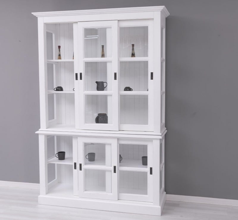 Glasvitrine Apeldoorn - 150x47x220H - Ober- und Unterschrank mit Glasschiebetüren - Eichenrückwand - Glasseiten