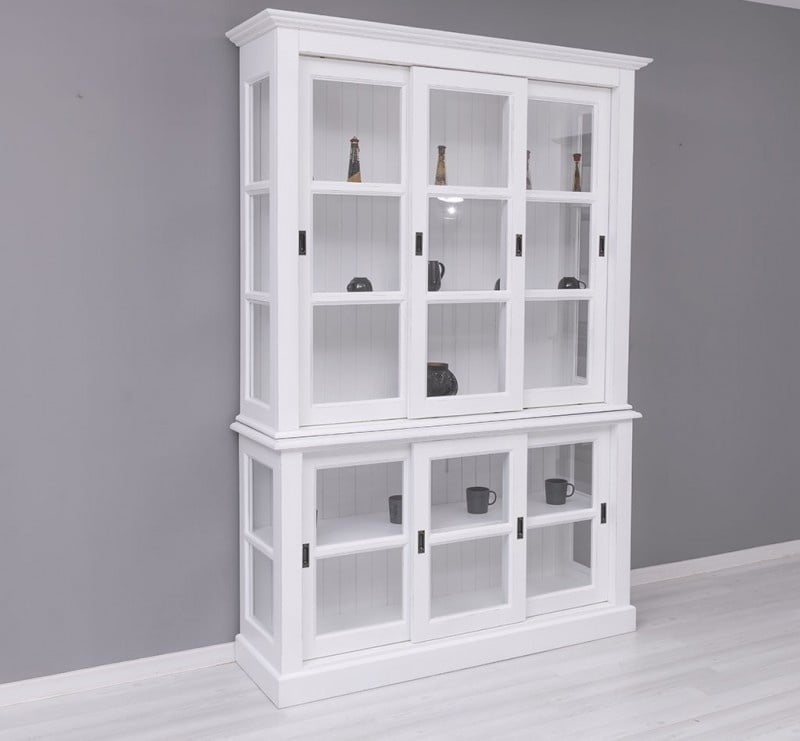 Glasvitrine Apeldoorn - 150x47x220H - Ober- und Unterschrank mit Glasschiebetüren - Eichenrückwand - Glasseiten