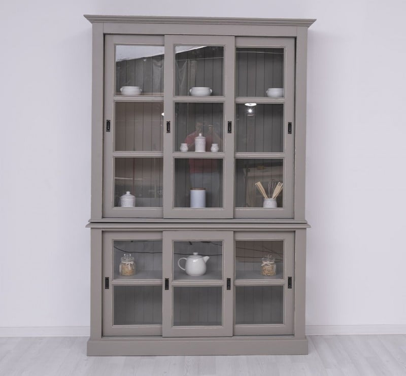 Glasvitrine Apeldoorn - 150x47x220H - Ober- und Unterschrank mit Glasschiebetüren - Eichenrückwand - Glasseiten