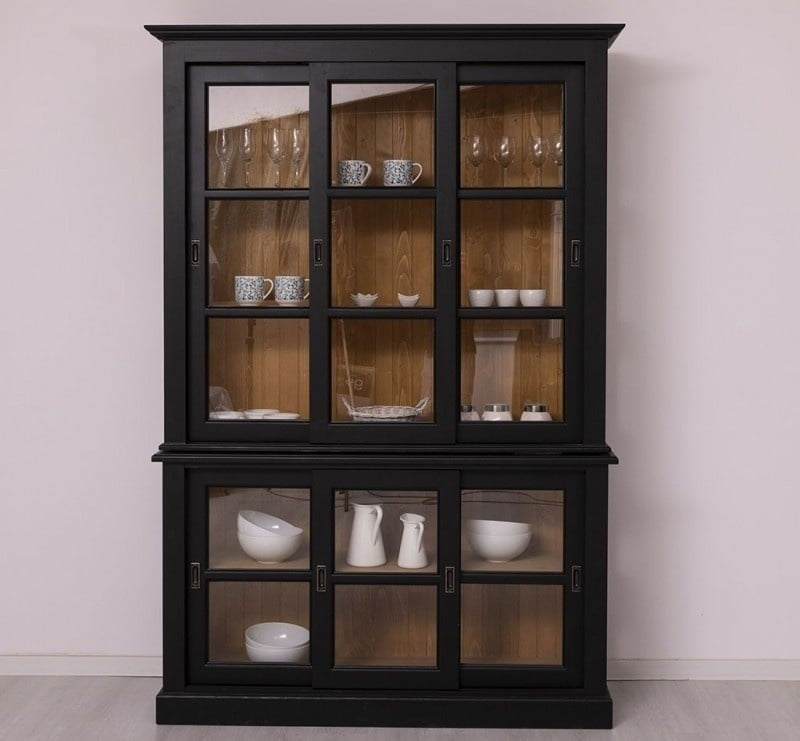 Glasvitrine Apeldoorn - 150x47x220H - Ober- und Unterschrank mit Glasschiebetüren - Eichenrückwand - Glasseiten