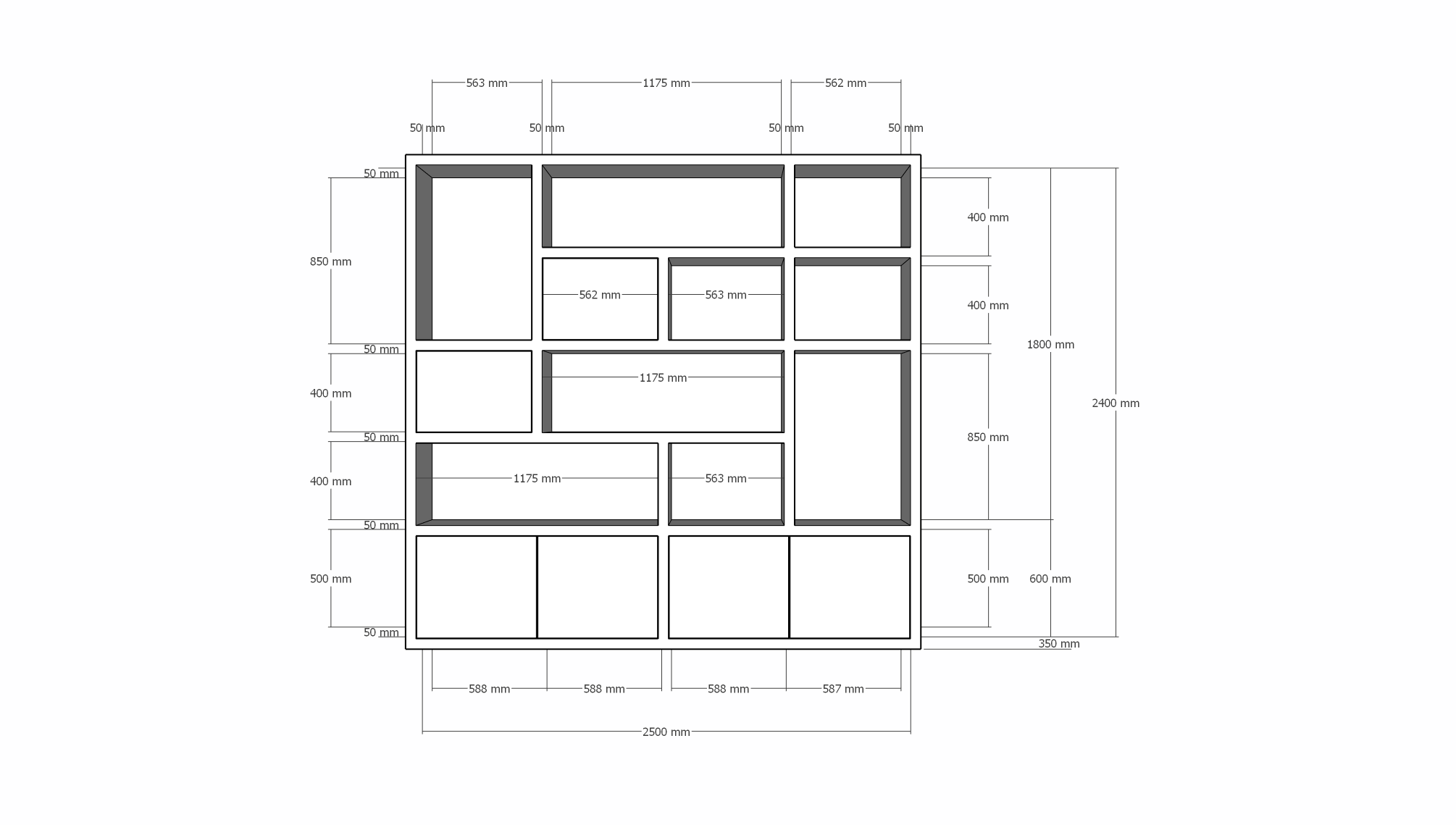 Vlore Fächerschrank - 250x35x240H cm - push to open Türen - Oberschrank 2 Türen - schlichte Ausführung
