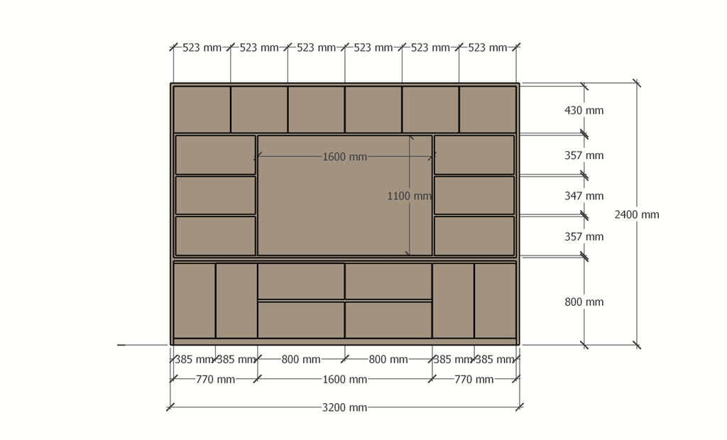 Kleiderschrank/TV-Schrank Winterberg 2 - 320x40x240H cm - TV-Fach - Cinewall - Schiebepaneele aus Eiche - offene Einlegeböden - 4 grifflose Schubladen - 6 Push-to-open-Türen - 4 grifflose Türen - schlichtes Design