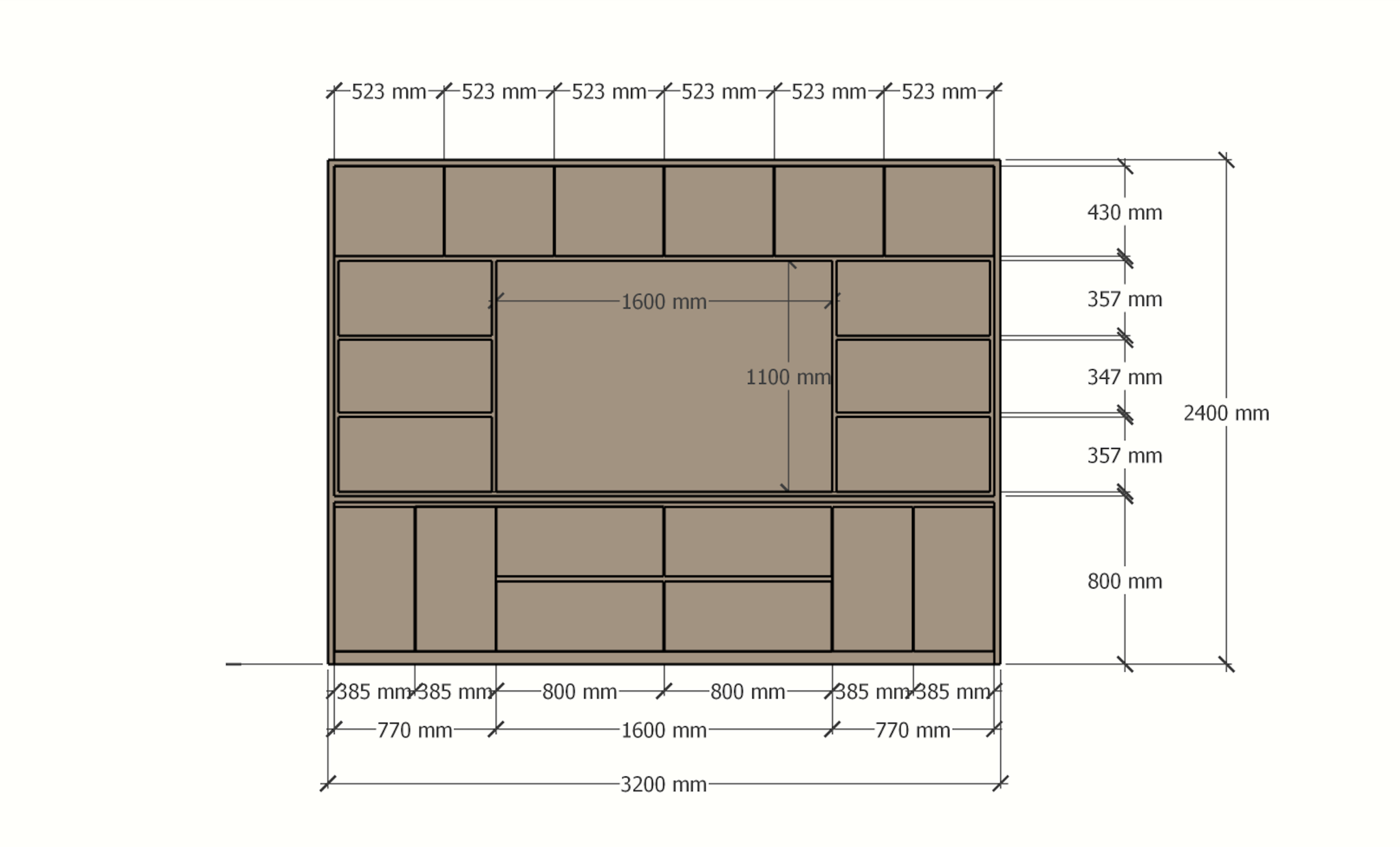 Kleiderschrank/TV-Schrank Winterberg 2 - 320x40x240H cm - TV-Fach - Cinewall - Schiebepaneele aus Eiche - offene Einlegeböden - 4 grifflose Schubladen - 6 Push-to-open-Türen - 4 grifflose Türen - schlichtes Design