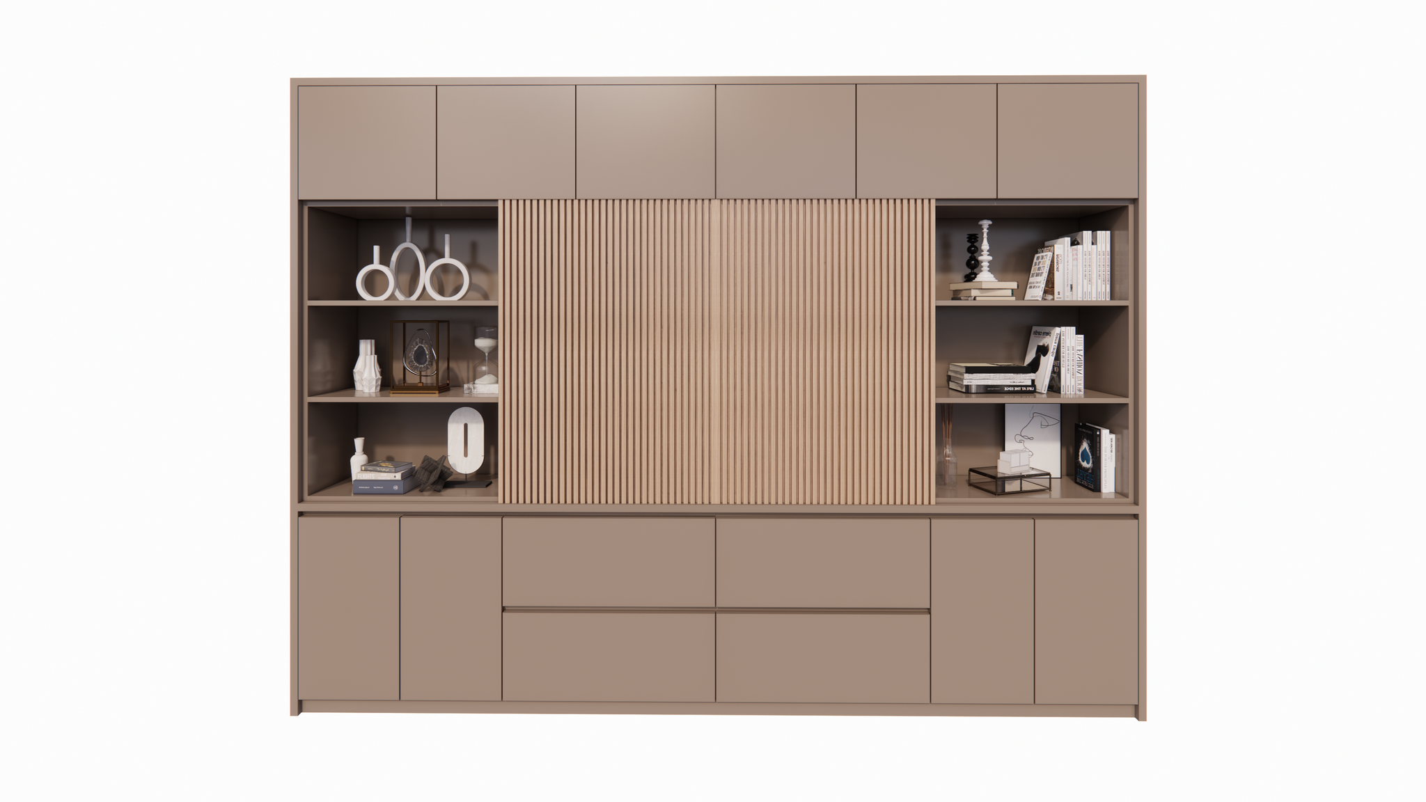 Kleiderschrank/TV-Schrank Winterberg 2 - 320x40x240H cm - TV-Fach - Cinewall - Schiebepaneele aus Eiche - offene Einlegeböden - 4 grifflose Schubladen - 6 Push-to-open-Türen - 4 grifflose Türen - schlichtes Design