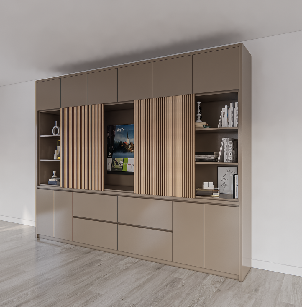 Kleiderschrank/TV-Schrank Winterberg 2 - 320x40x240H cm - TV-Fach - Cinewall - Schiebepaneele aus Eiche - offene Einlegeböden - 4 grifflose Schubladen - 6 Push-to-open-Türen - 4 grifflose Türen - schlichtes Design