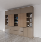 Kleiderschrank/TV-Schrank Winterberg 2 - 320x40x240H cm - TV-Fach - Cinewall - Schiebepaneele aus Eiche - offene Einlegeböden - 4 grifflose Schubladen - 6 Push-to-open-Türen - 4 grifflose Türen - schlichtes Design