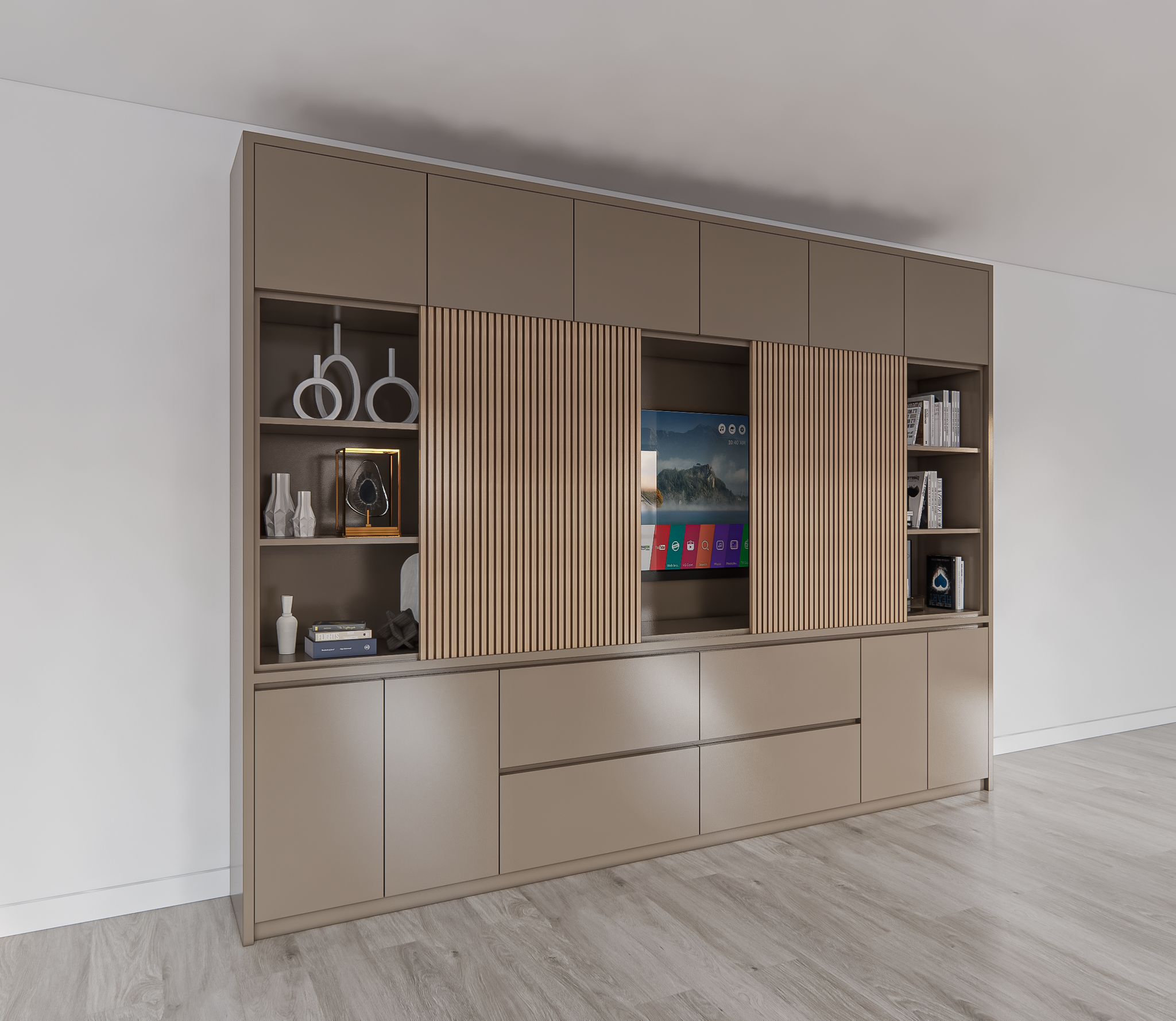 Kleiderschrank/TV-Schrank Winterberg 2 - 320x40x240H cm - TV-Fach - Cinewall - Schiebepaneele aus Eiche - offene Einlegeböden - 4 grifflose Schubladen - 6 Push-to-open-Türen - 4 grifflose Türen - schlichtes Design