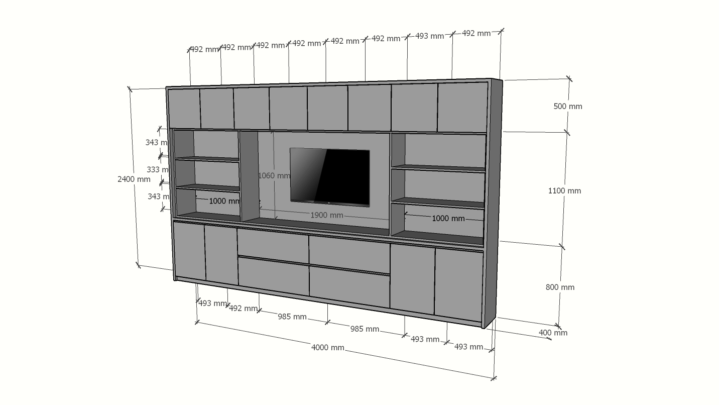 TV-Fachschrank/TV-Schrank Winterberg - 400x40x240H cm - Cinewall - TV-Fach - mit Schiebetüren - 12 Push-to-open-Türen - 4 grifflose Soft-Close-Schubladen - schlankes Design - zerlegbar - 5cm Fachbodenstärke