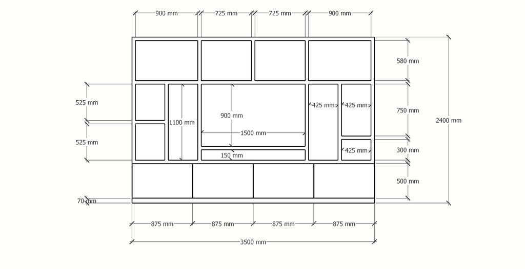 TV-Fachschrank Campos - 350x40x240H cm - TV-Fach - Cinewall - 4 push-to-open Türen - offene Fächer - schlankes Design - 5cm Fachboden- und Rahmenstärke