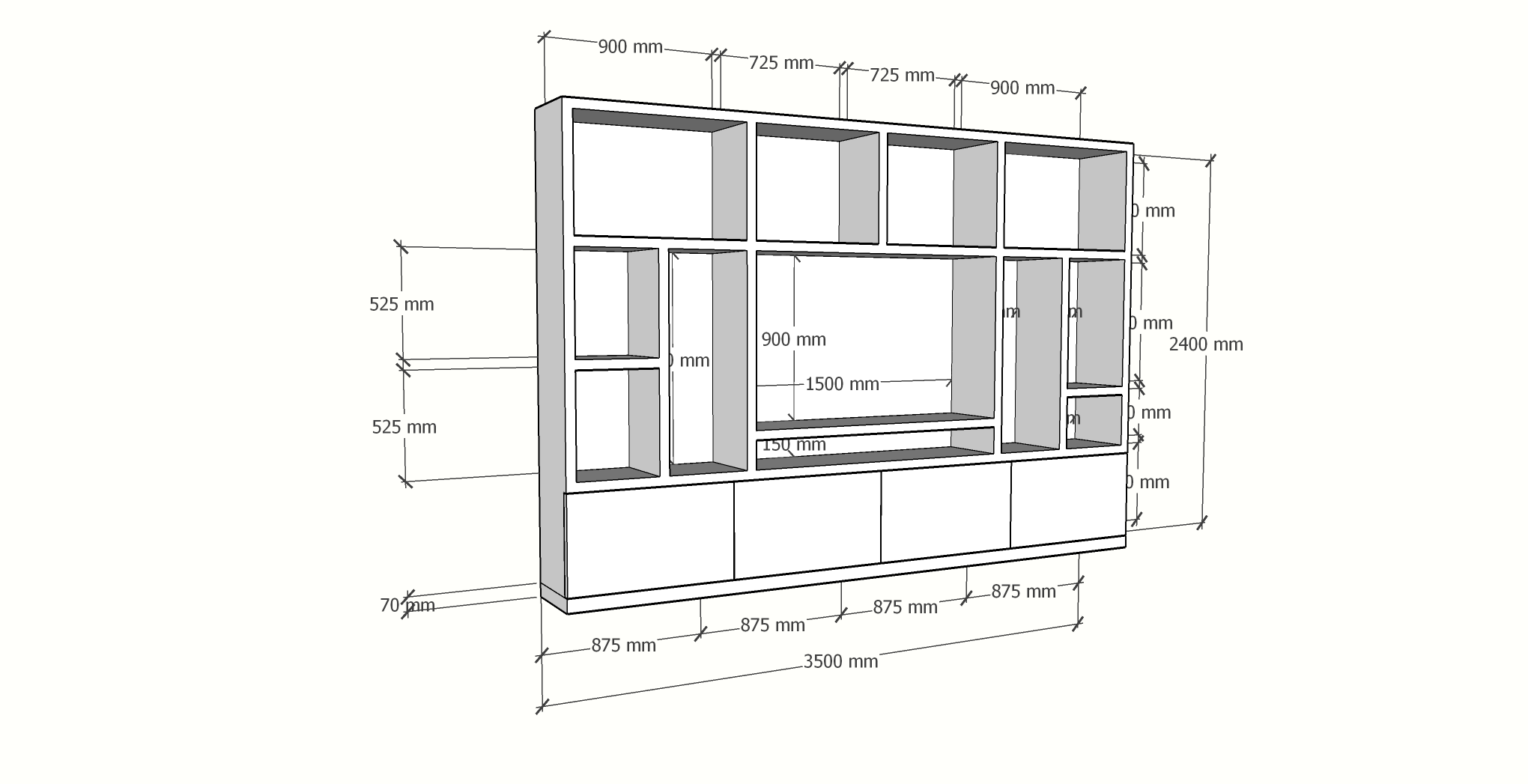 TV-Fachschrank Campos - 350x40x240H cm - TV-Fach - Cinewall - 4 push-to-open Türen - offene Fächer - schlankes Design - 5cm Fachboden- und Rahmenstärke