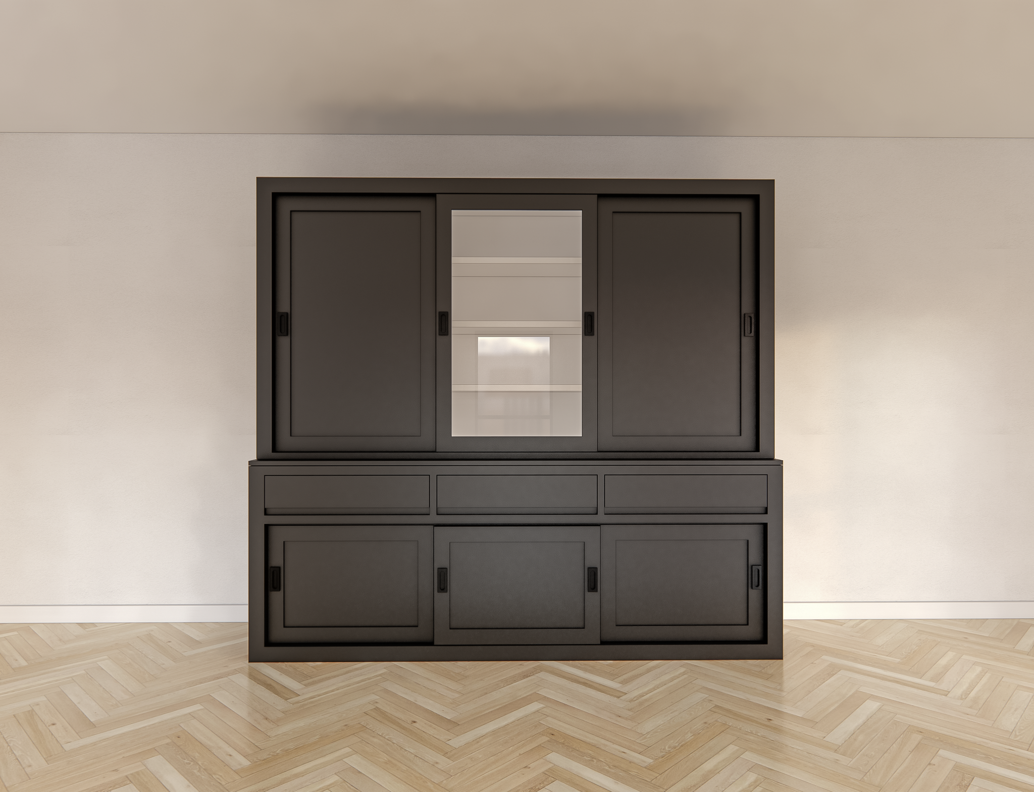 Buffetschrank Yellowstone - 240x50x220H cm - 2 geschlossene Schiebetüren - 1 jungfräuliche Aufreißtür - 3 grifflose Schubladen - schlichte Zierleisten.