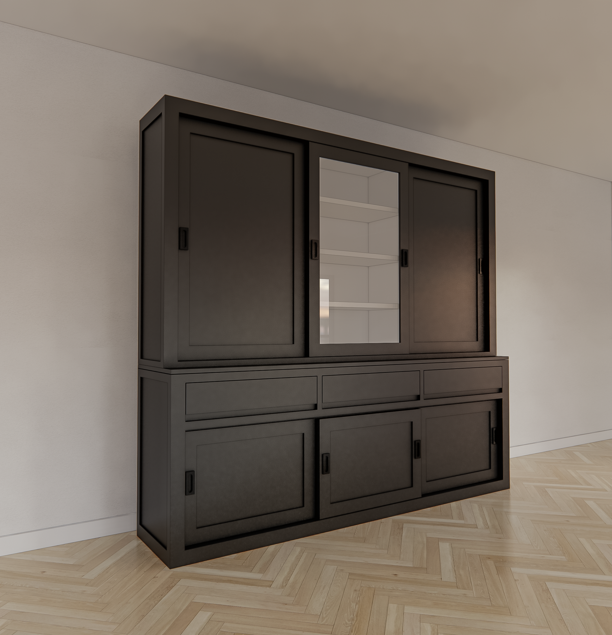 Buffetschrank Yellowstone - 240x50x220H cm - 2 geschlossene Schiebetüren - 1 jungfräuliche Aufreißtür - 3 grifflose Schubladen - schlichte Zierleisten.