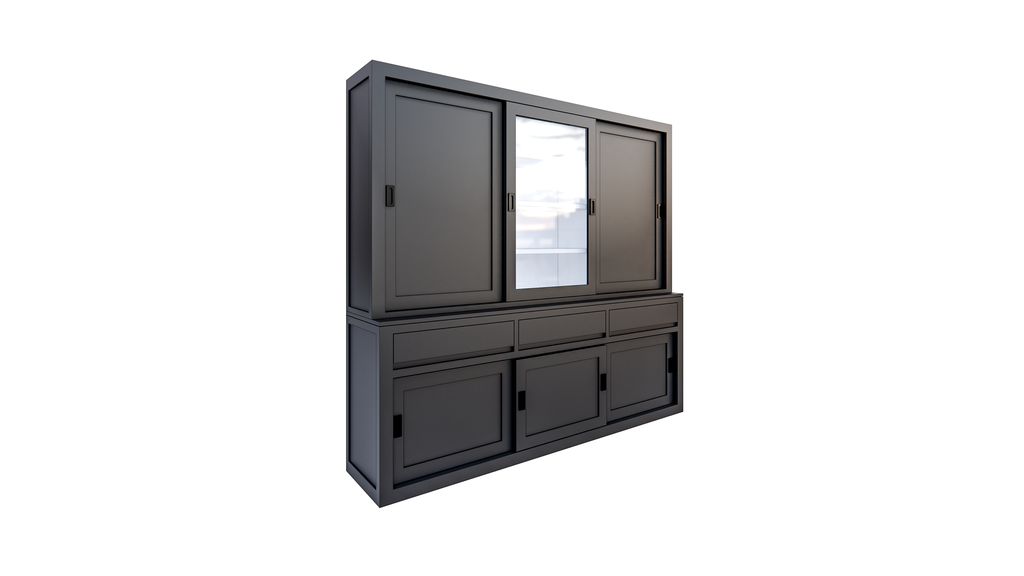 Buffetschrank Yellowstone - 240x50x220H cm - 2 geschlossene Schiebetüren - 1 jungfräuliche Aufreißtür - 3 grifflose Schubladen - schlichte Zierleisten.