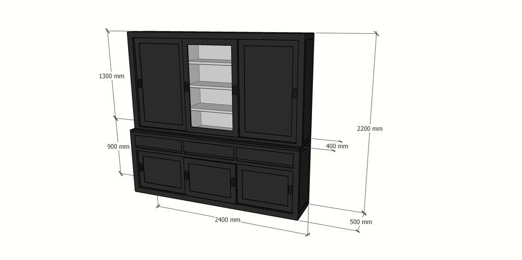 Buffetschrank Yellowstone - 240x50x220H cm - 2 geschlossene Schiebetüren - 1 jungfräuliche Aufreißtür - 3 grifflose Schubladen - schlichte Zierleisten.