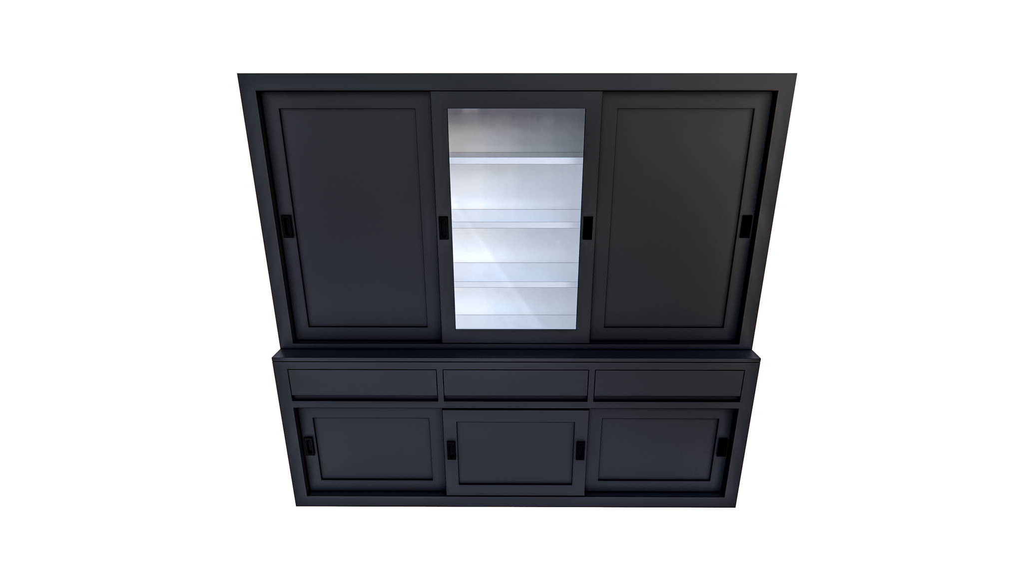 Buffetschrank Yellowstone - 240x50x220H cm - 2 geschlossene Schiebetüren - 1 jungfräuliche Aufreißtür - 3 grifflose Schubladen - schlichte Zierleisten.