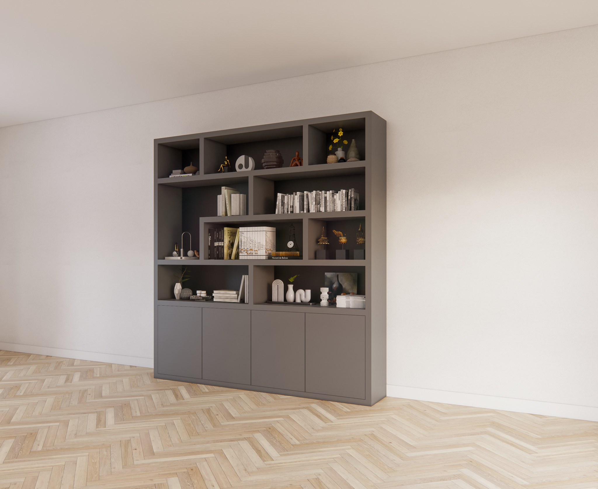 Regal Yukon - 227x50x240H cm - 5cm Regalstärke - schlankes Design - offene Regale - push to open Türen